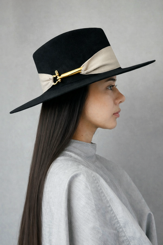 Wool Fedora Black & Tan - detailed view of luxury Australian wool texture and Miami millinery design