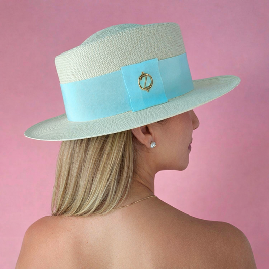 SKY Gambler Panama hat - detailed side view of finest Toquilla straw weave and sky blue ribbon with gold logo accent