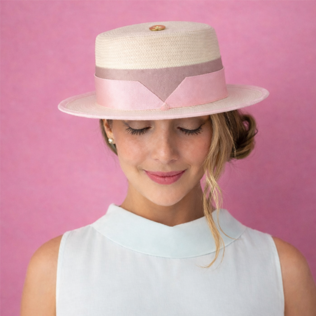 Model wearing the Rose pink boater panama hat