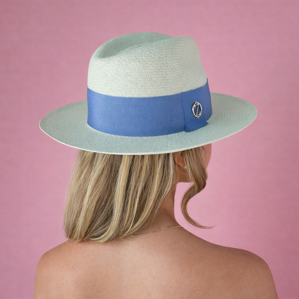 PERI Clasico Fedora Panama hat - detailed  back view of finest Toquilla straw weave and periwinkle ribbon with gold logo accent - back view
