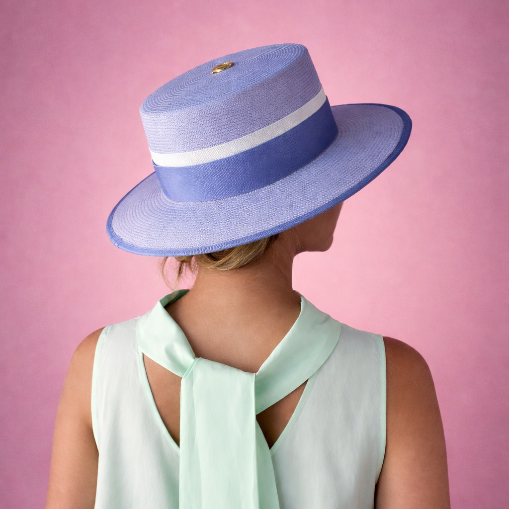 KATE boater hat - elegant light violet design in premium Toquilla straw with periwinkle and white ribbon, back view