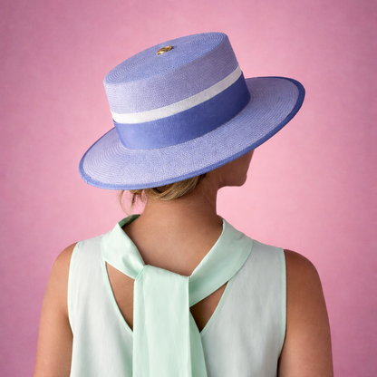 KATE boater hat - elegant light violet design in premium Toquilla straw with periwinkle and white ribbon, back view