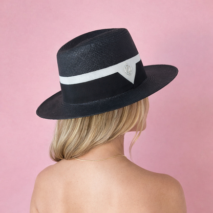CAMILA Panama fedora hat - sophisticated side profile showcasing handcrafted black Toquilla straw and classic fedora silhouette