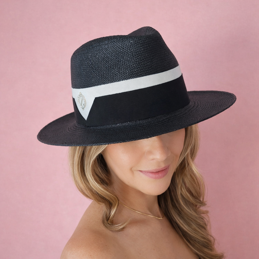 CAMILA Panama fedora hat - detailed view of premium black straw weave and expert millinery craftsmanship