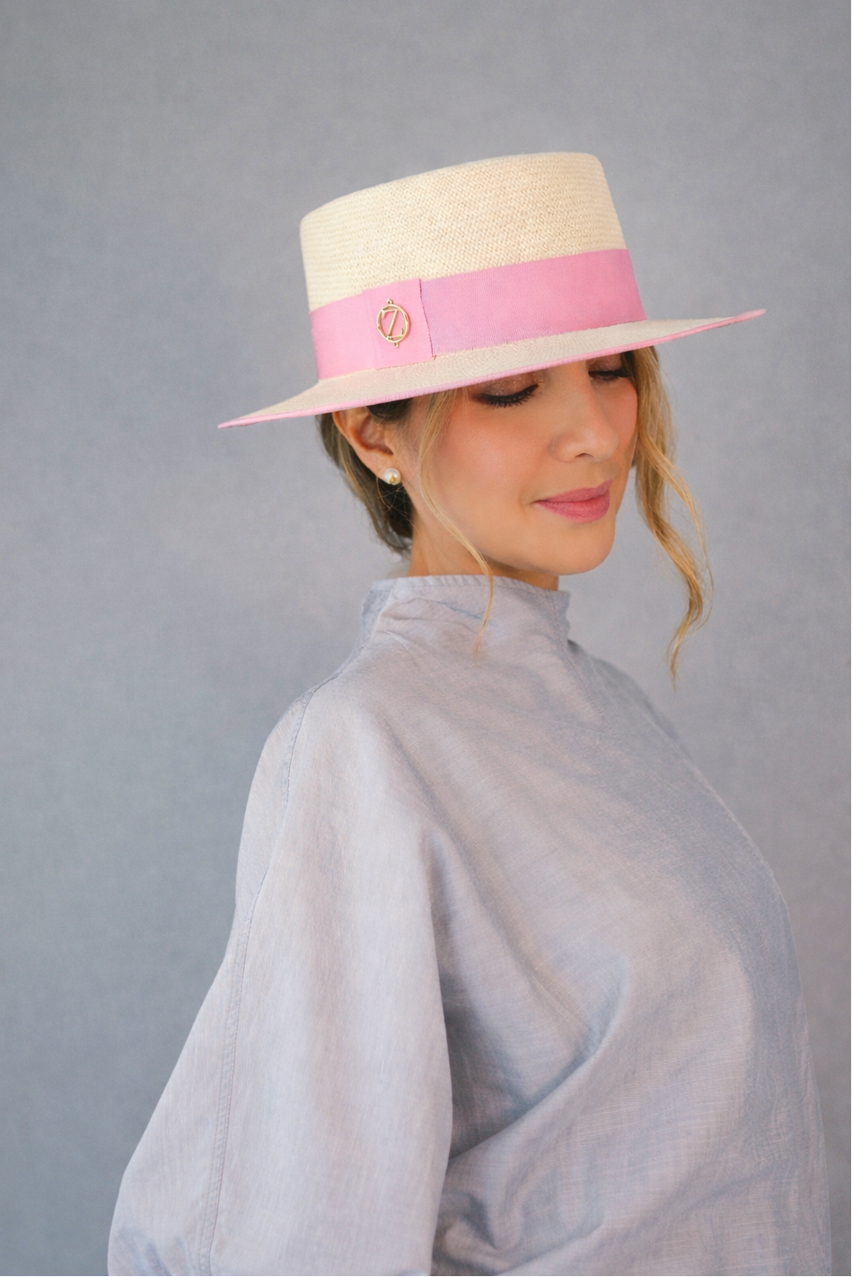 PAULINA Cordobes Panama hat - elegant styling showcase with luxury millinery branding and powder pink ribbon detail