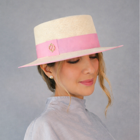 PAULINA Cordobes Panama hat - elegant styling showcase with luxury millinery branding and powder pink ribbon detail