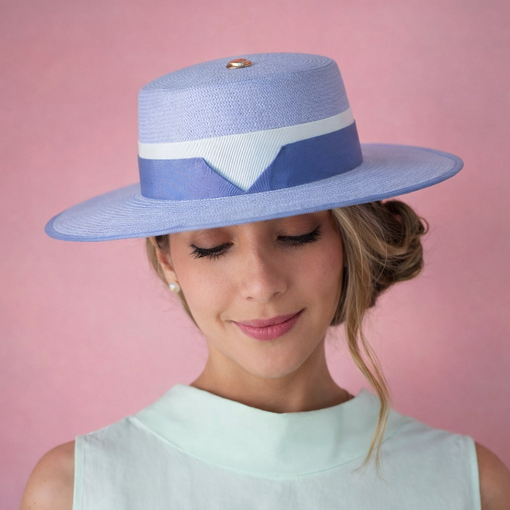 KATE boater hat - elegant light violet design in premium Toquilla straw with periwinkle and white ribbon, front view