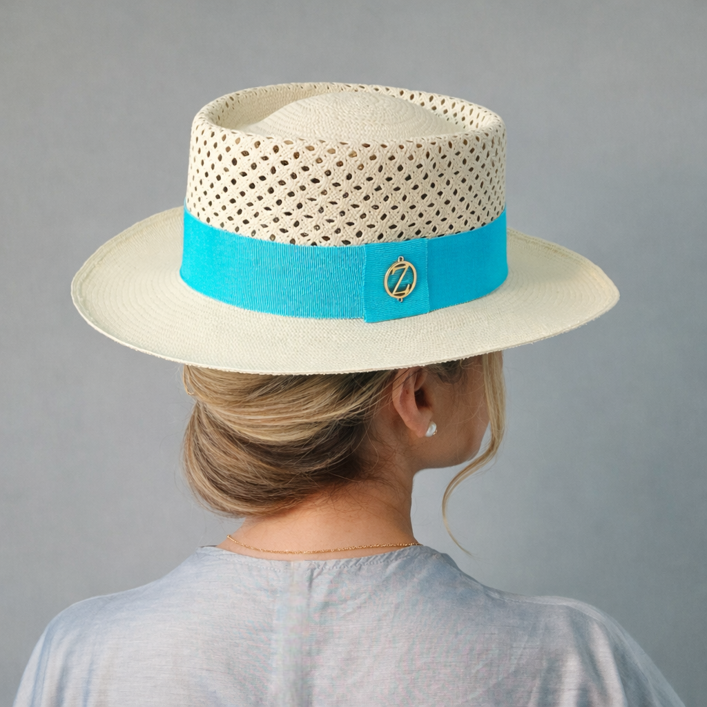 MEGHAN Open Weave Gambler Panama hat - luxury styling with Miami millinery branding and authentic Montecristi open weave heritage, side view
